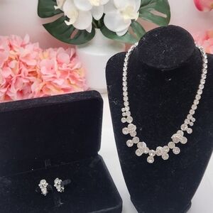WEISS Vintage Crystal Necklace & Clip On Earrings Set Silver Tone Setting EUC